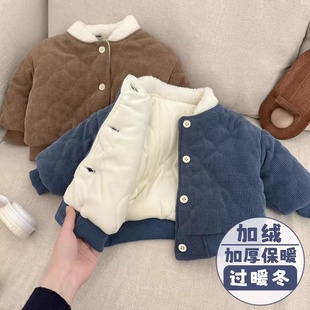 灯芯绒加厚保暖百搭外套童装韩版男童加绒羊羔毛翻领棉服洋气宝宝