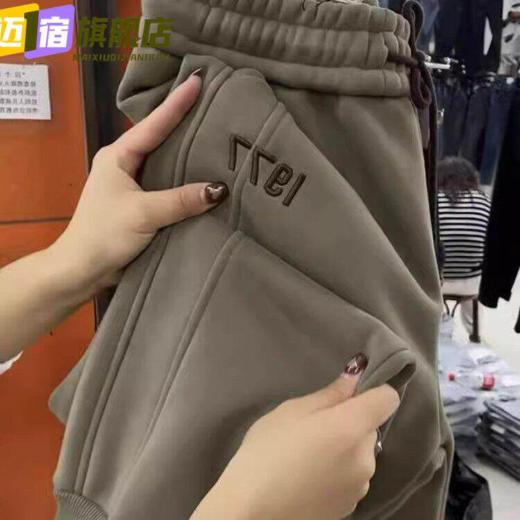 加绒加厚束脚卫裤女秋冬抽绳休闲裤宽松运动裤绿色大码冬季青年