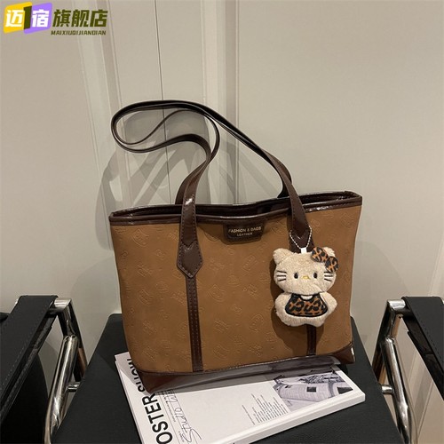 2025新款时尚撞色托特包女大容量轻奢手提包通勤单肩包猫咪挂件包