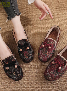 冬季新款中老年平底妈妈鞋防滑加绒保暖老北京棉鞋一脚蹬老太太鞋