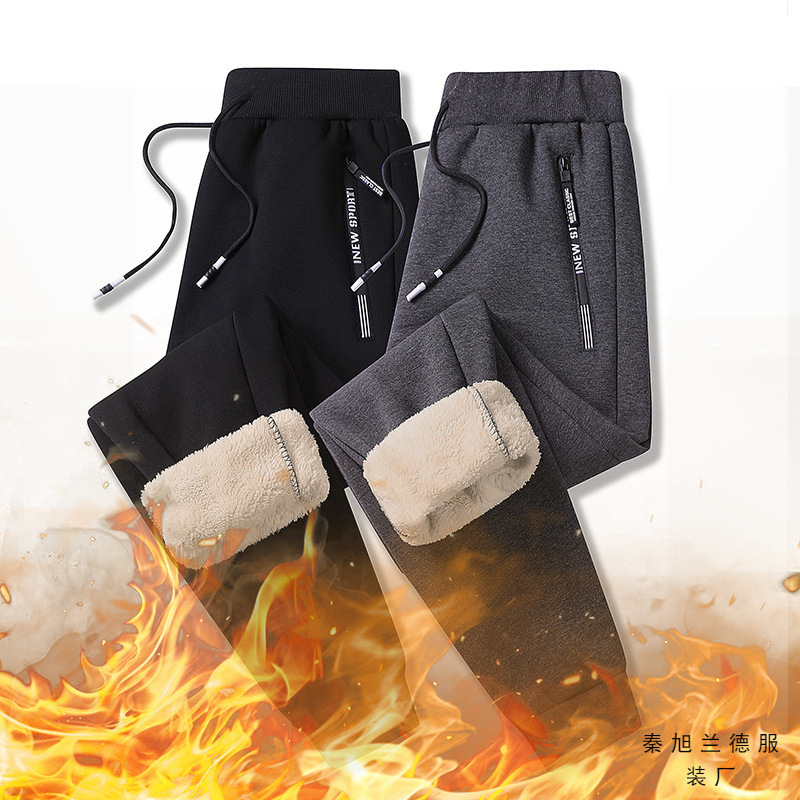 羊羔绒男裤子2025新款保暖加绒休闲长裤加厚冬季拉炼棉裤运动卫裤