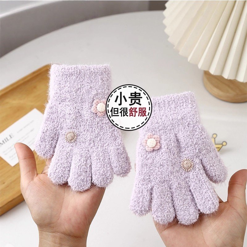 儿童手套新款冬季保暖加绒加厚五指分指女孩宝宝全指防寒爱心手套