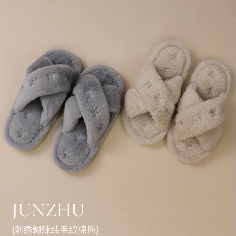 刺绣蝴蝶结毛毛拖鞋女2025新款秋冬韩版百搭平底温柔风交叉带拖鞋
