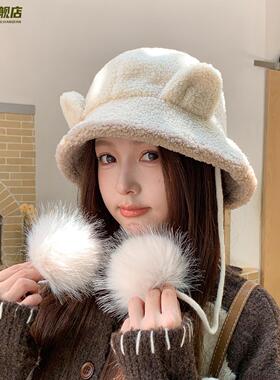 可爱耳朵毛绒渔夫帽帽子女秋冬季保暖护耳显脸小防寒百搭针织盆帽