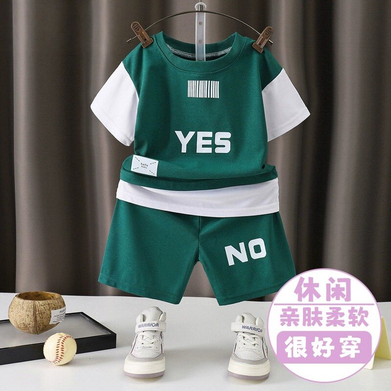儿童夏季字母T恤套装男女童透气短袖短裤两件套宝宝薄款运动夏装