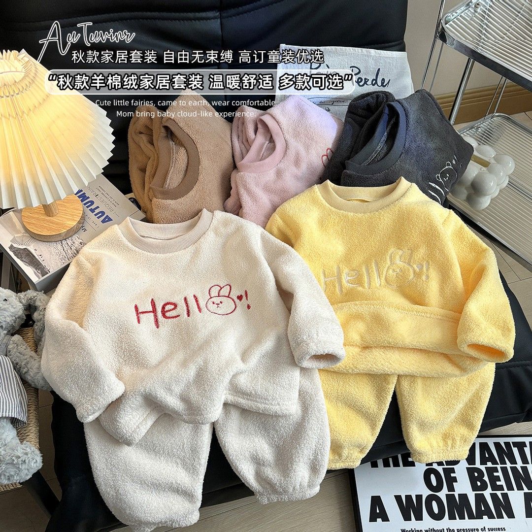 儿童加绒睡衣睡裤秋冬季新款加厚家居服男女童奥利绒外穿保暖套装