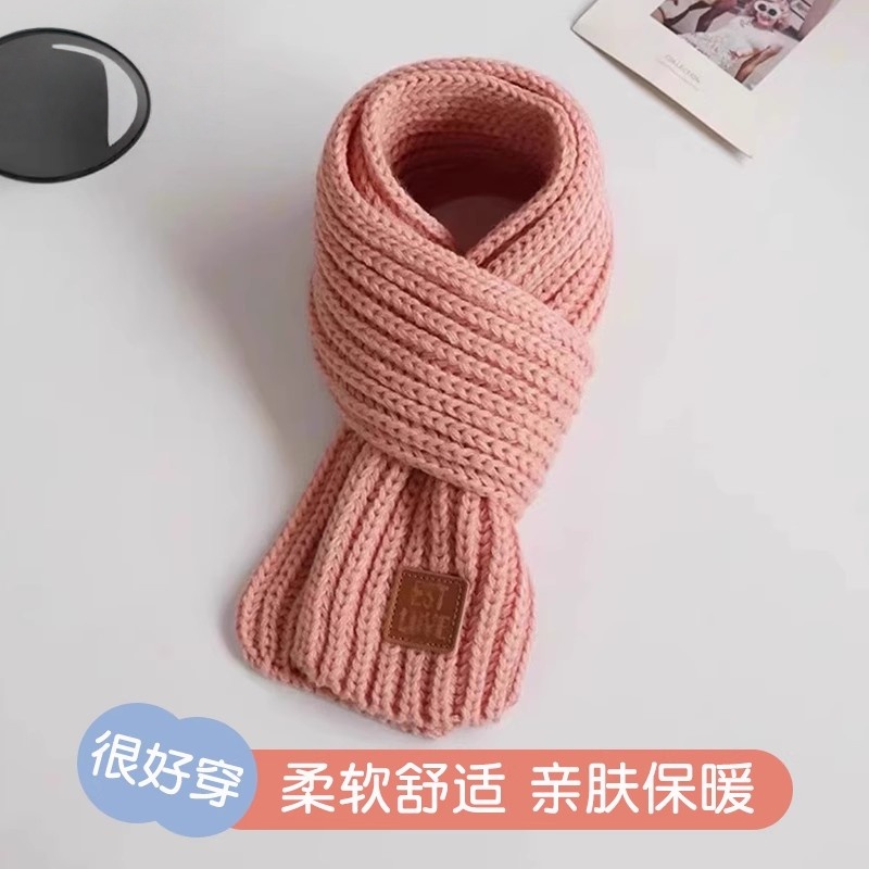 儿童围巾冬季男童保暖加厚韩版针织女童宝宝护颈防风纯色皮标围脖