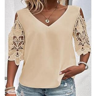 womens lace color five Hollow neck top quarter solid
