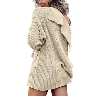 button color mid lapel coat pocket cardigan length knitted