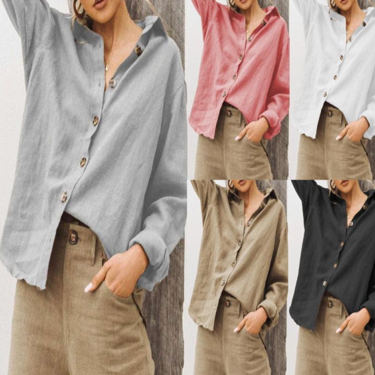 Fashion lapel long sleeve cotton and linen loose womens