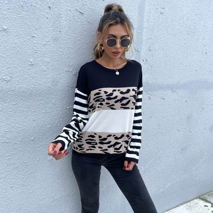 Women Sweater Leopard White and Black Pullover Neck Round