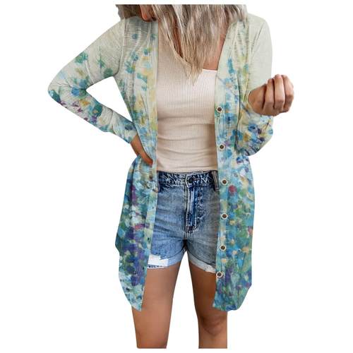 Plus Size Womens Floral Stitching Mid-Length Cardigan Jacket