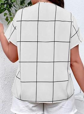 Plus Size Womens Plaid T-shirt Short Sleeve Shirt Notched