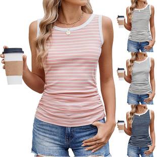 Women's striped round neck contrast color ribbed vest top