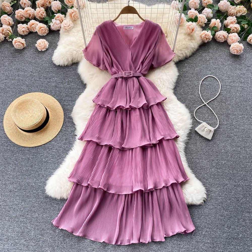 dress long cake pleated waist high robe slim summer women