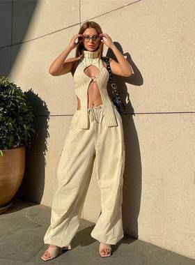 street cotton hemp drawstring straight leg casual pants low