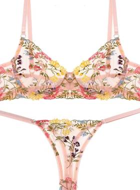 set bra sexy embroidery mesh transparent bra lace gathered