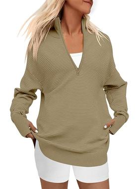 Pullover Womens Sweater Knitted Casual Neck V Zip Half