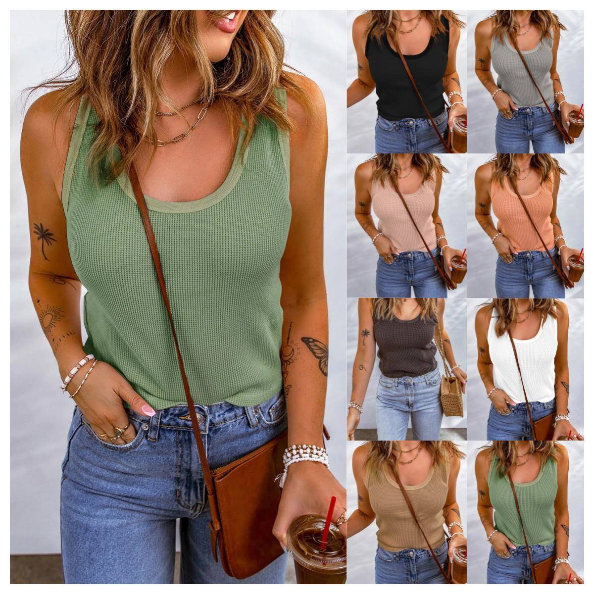 Women's solid color waffle knit collar vest