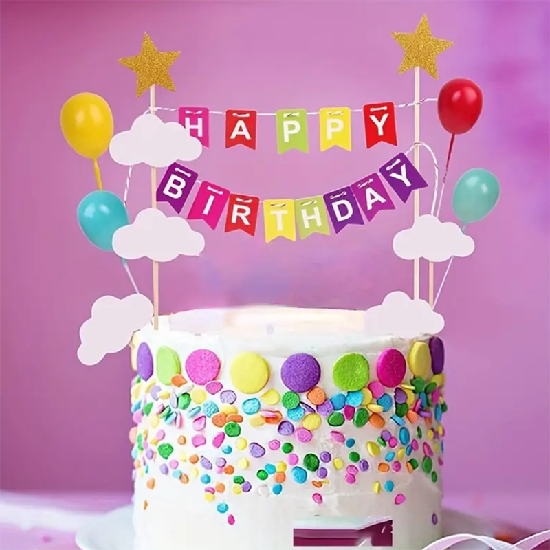 彩色横幅生日快乐蛋糕装饰插牌星星棒插件闪亮粉色蓝色三角拉旗