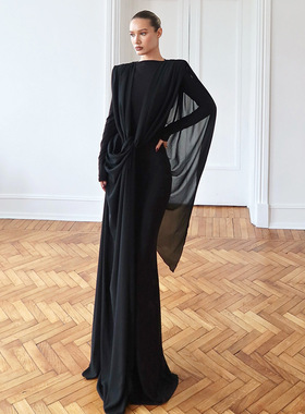 欧美秋冬霸气大气超模度假性感修身不规则网纱气质长裙秀场连衣裙