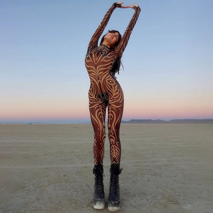 丹恋季节2025秋超模车站野性性感个性印花圆领长袖显瘦辣妹连体裤