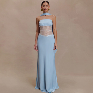 拖地年会度假酒会挂脖露背拼接气质性感透视蕾丝抹胸优雅长连衣裙