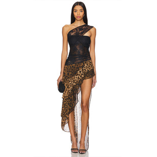 辣妹露背蕾丝拼接连衣裙女 设计性感豹纹雪纺长裙时尚 丹恋季 节秋季