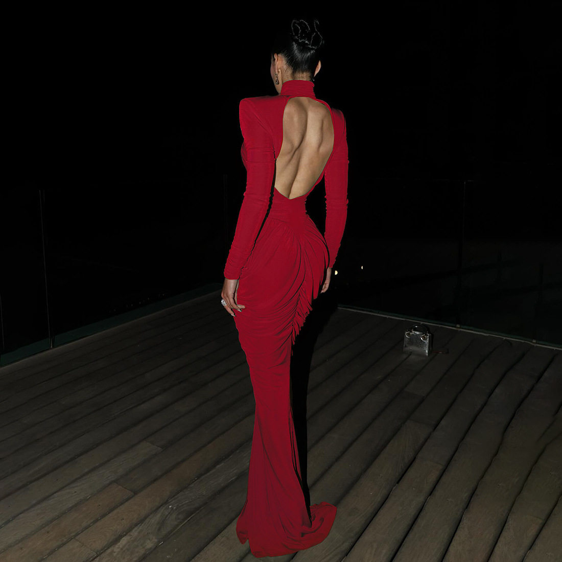 宴会礼服高贵贵妇名媛千金气质高领长袖露背褶皱修身连衣裙高弹力