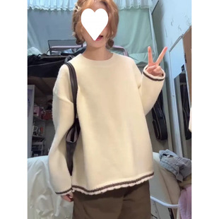 慵懒高级感白色毛衣女秋冬圆领套头可外穿内搭宽松软糯针织衫上衣