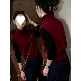 韩系穿搭灰色堆堆高领马甲针织衫女秋冬修身显瘦叠穿背心毛衣上衣