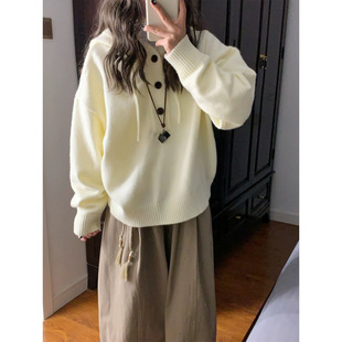 2026新款韩系软糯慵懒风连帽毛衣女春秋小个子高级感宽松针织上衣