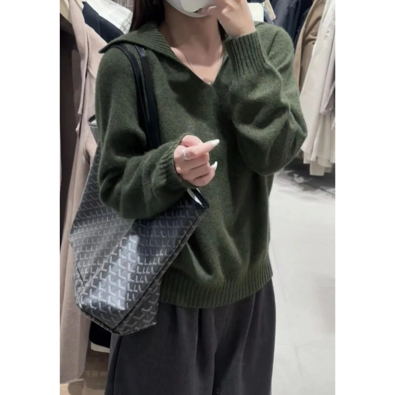 法式polo翻领绿色套头毛衣女秋冬季加厚保暖宽松慵懒风针织衫上衣