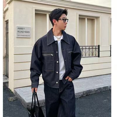 OXFREAK「丹宁原牛 箱型设计」深蓝色工装牛仔夹克男宽松做旧外套