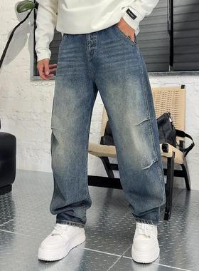 YULE语乐 26302复古水洗掐褶牛仔裤冬季加绒加厚直筒裤松紧腰长裤