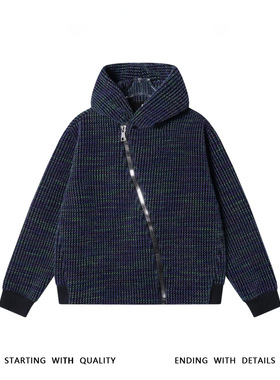 SDSA男士秋冬新款痞帅男装休闲彩色竖纹斜拉链连帽卫衣百搭时尚