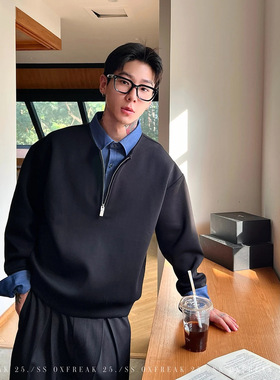 OXFREAK「衬衫式內襟」重磅假两件半拉链卫衣男秋冬翻领长袖