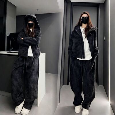 定制情侣款时尚套装加绒痞帅撞色绒斜拉链连帽外套宽松休闲裤