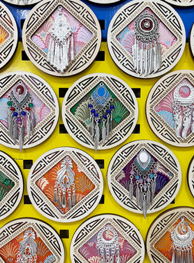 8CM圆形窗花雕刻木框苗银织锦冰箱贴贵州湘西云南旅游文创