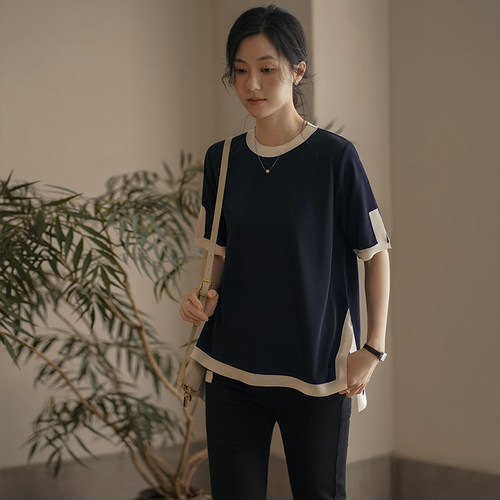 无谓韩式文艺2026夏新款女装直筒撞色拼接前短后长圆领T恤女上衣