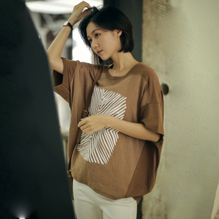 宽松显瘦印花拼接休闲t恤 无谓大码 上衣女2025夏新款 女装 圆领半袖
