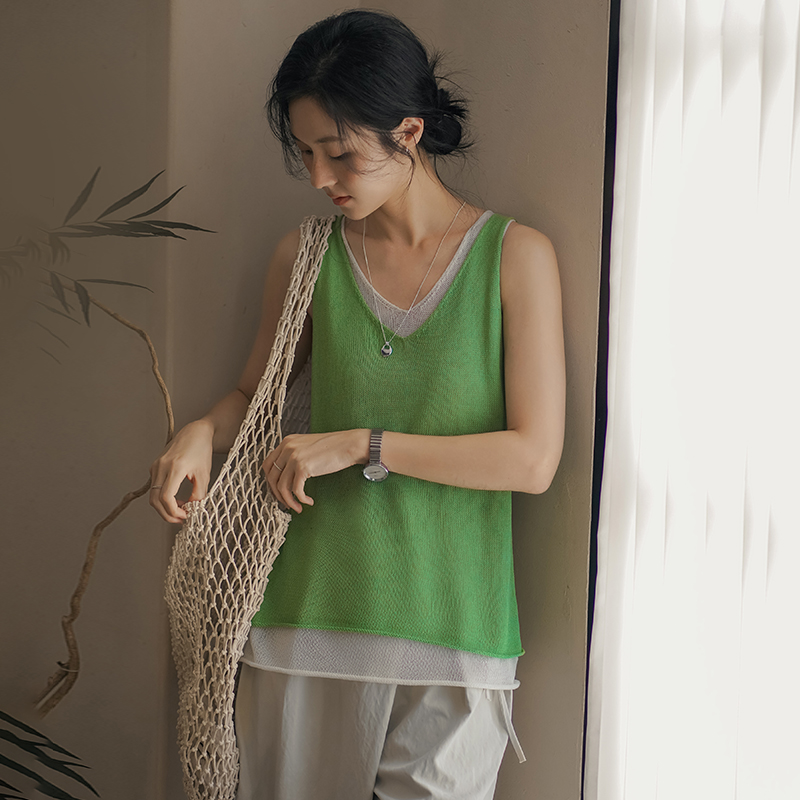无谓韩式文艺2025夏季新款女装修身撞色假两件亚麻针织吊带背心女