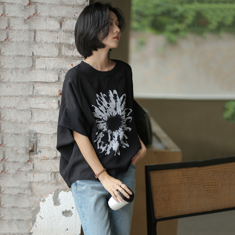 无谓蝙蝠袖t恤女装2026新款圆领宽松显瘦夏季穿搭设计感印花上衣