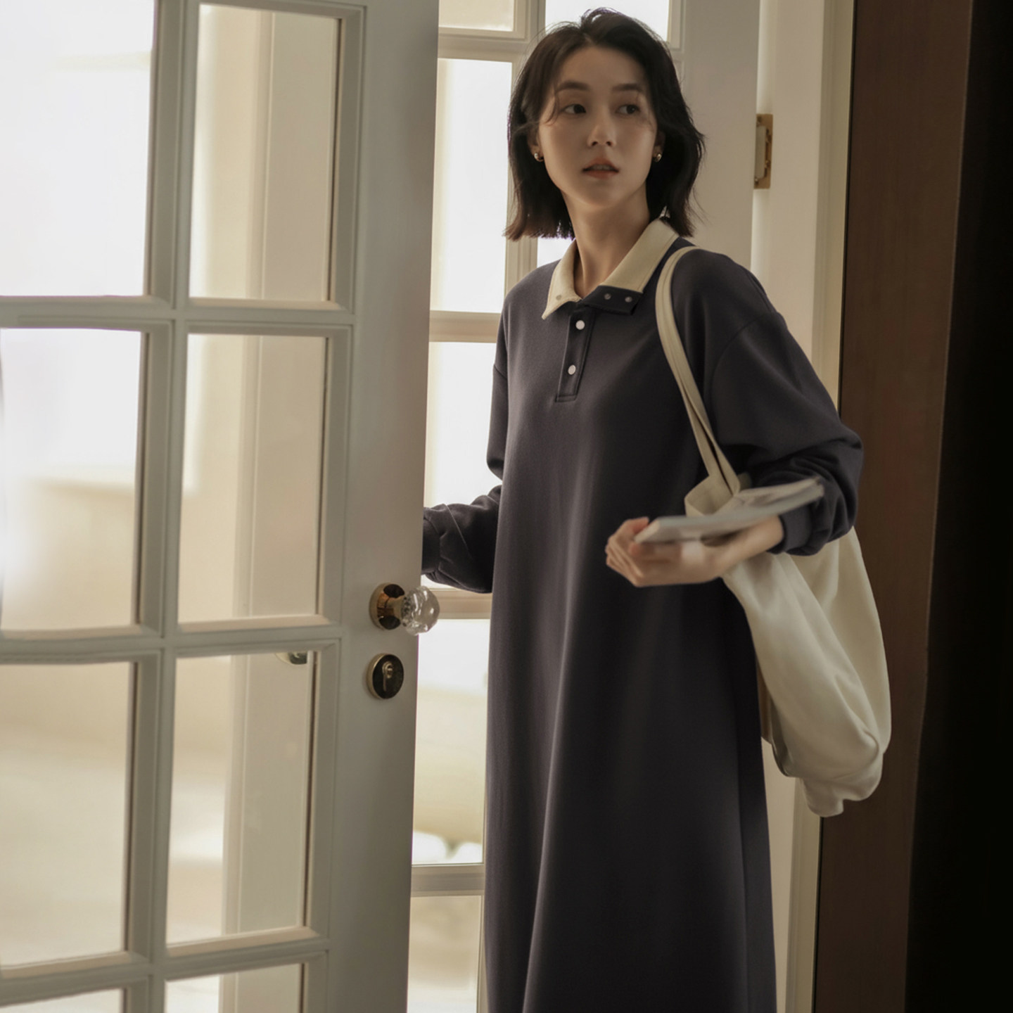 无谓韩式文艺2025秋冬新款女装宽松显瘦过膝气质直筒加绒连衣裙女