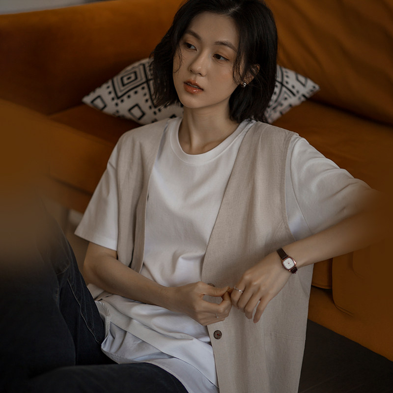 无谓韩式文艺2026年春季新款女装宽松棉麻马甲女V领气质马夹上衣
