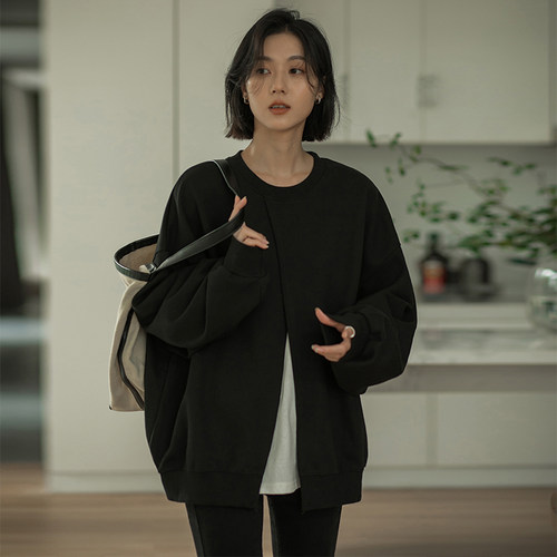 无谓韩式文艺2026春季新款女装宽松圆领休闲长袖气质卫衣女外套