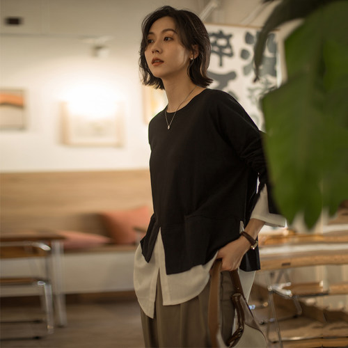 长袖假两件大码拼接中年妈妈女装