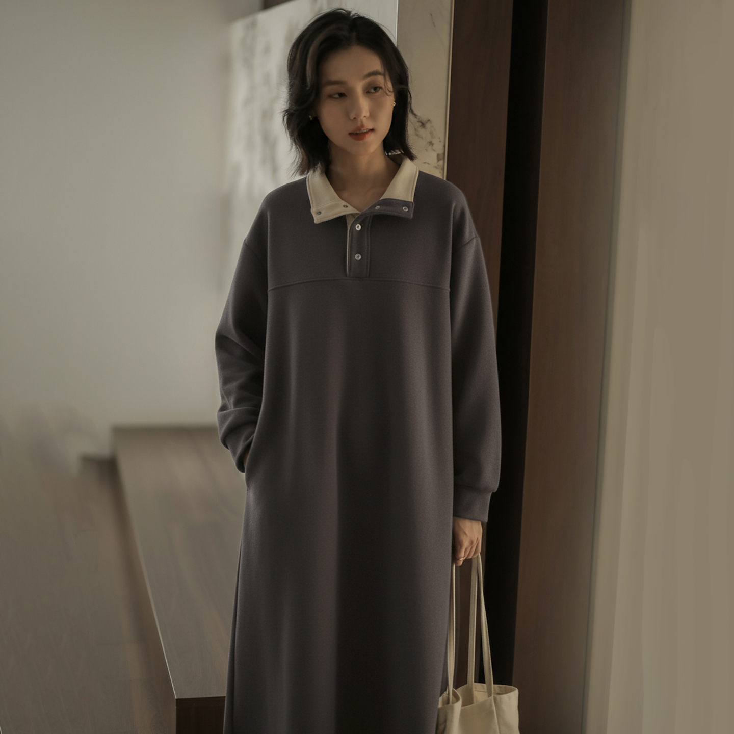 无谓韩式文艺2025秋冬新款女装宽松显瘦过膝气质直筒加绒连衣裙女