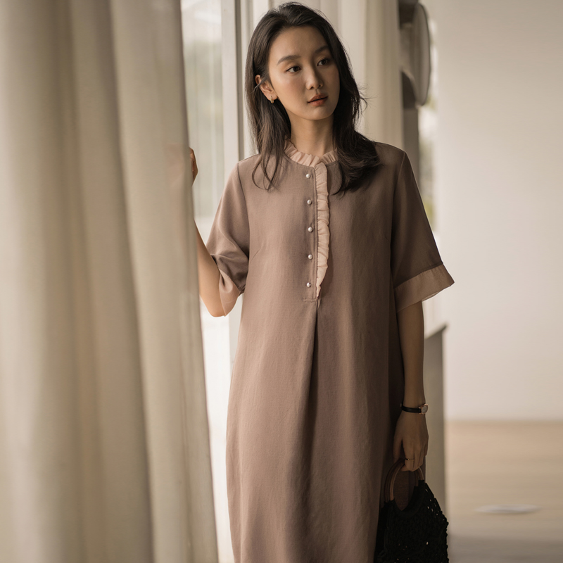 无谓韩式文艺2025年夏季新款女装中长款宽松显瘦亚麻气质连衣裙女