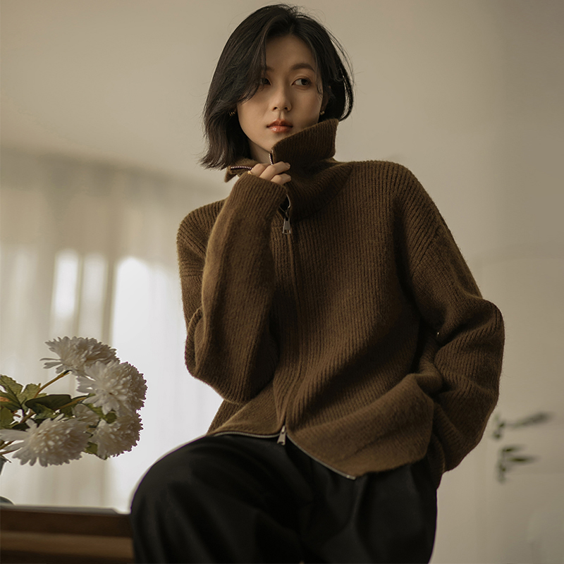 无谓韩式文艺2025秋冬新款女装厚实软糯羊毛针织开衫双拉链毛衣女